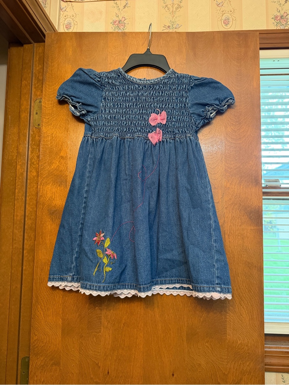 Girls Denim Smocked Dress with Pink Bows